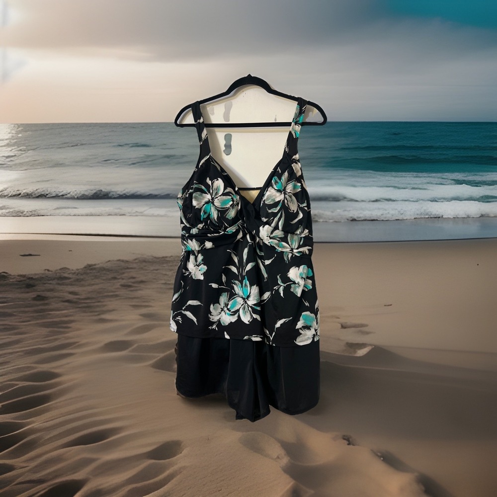 Trimshaper Swimsuit  20W floral  BLACK 1 PIECE Tummy Control Shots ‎ New $104